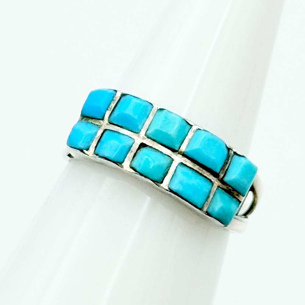 Vintage Zuni Turquoise Cobblestone Sterling Silver Ring - Signed LMH ZUNI